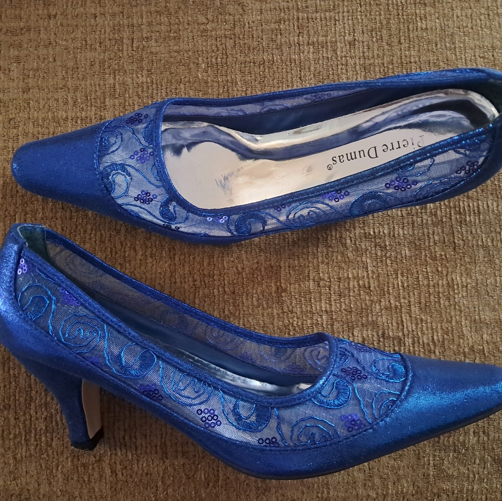 Pierre Dumas Blue Mesh Embroidery Embellished Pointy Toe Heels Size 8.5M